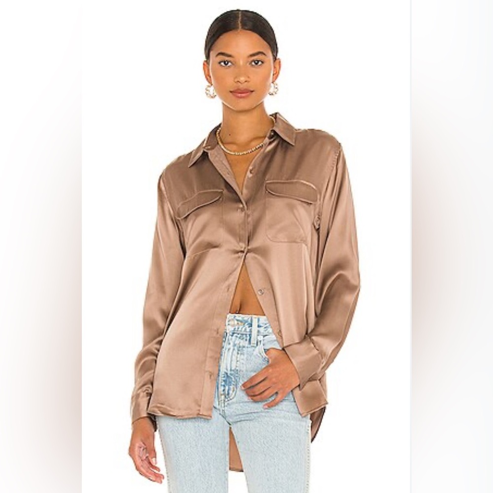 EQUIPMENT Signature Satin Button Up Shirt Blouse in Doeskin Mocha Mousse Brown